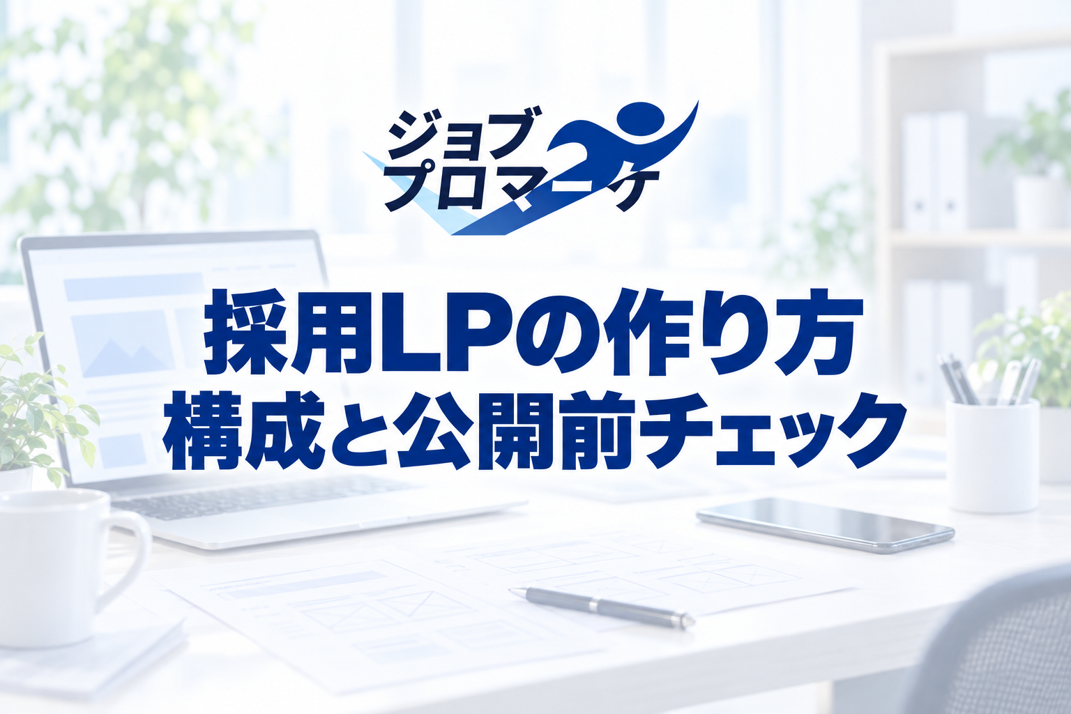 採用LPのページ構成を検討する机上のイメージと、採用LPの作り方・構成と公開前チェックの文字