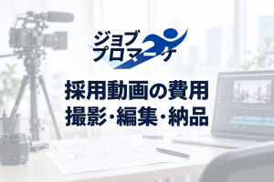 撮影機材と編集用の机を描いた架空イメージに、採用動画の費用・撮影・編集・納品の文字