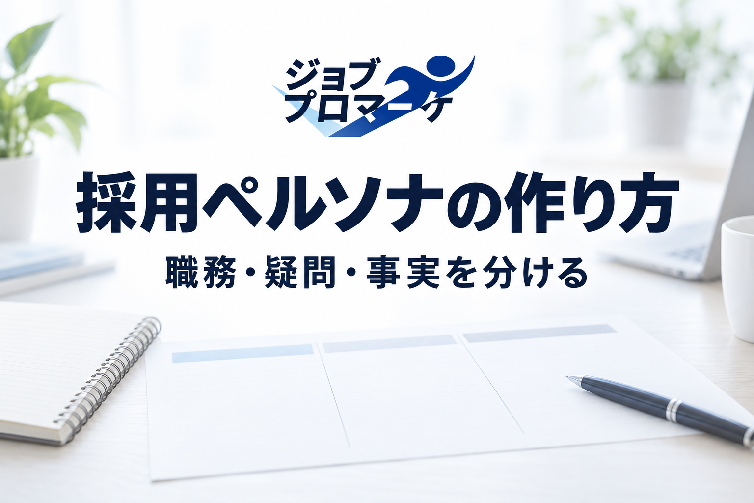 架空の会議机と三列の整理シートを背景に、採用ペルソナの作り方・職務・疑問・事実を分けると示したイメージ