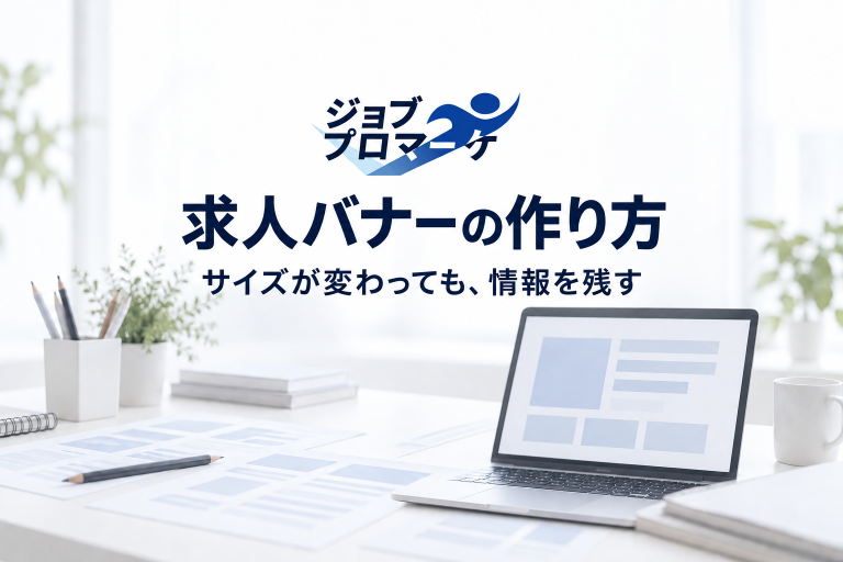 架空の制作机と正方形・横長の配置図を背景に、求人バナーの作り方と示したイメージ