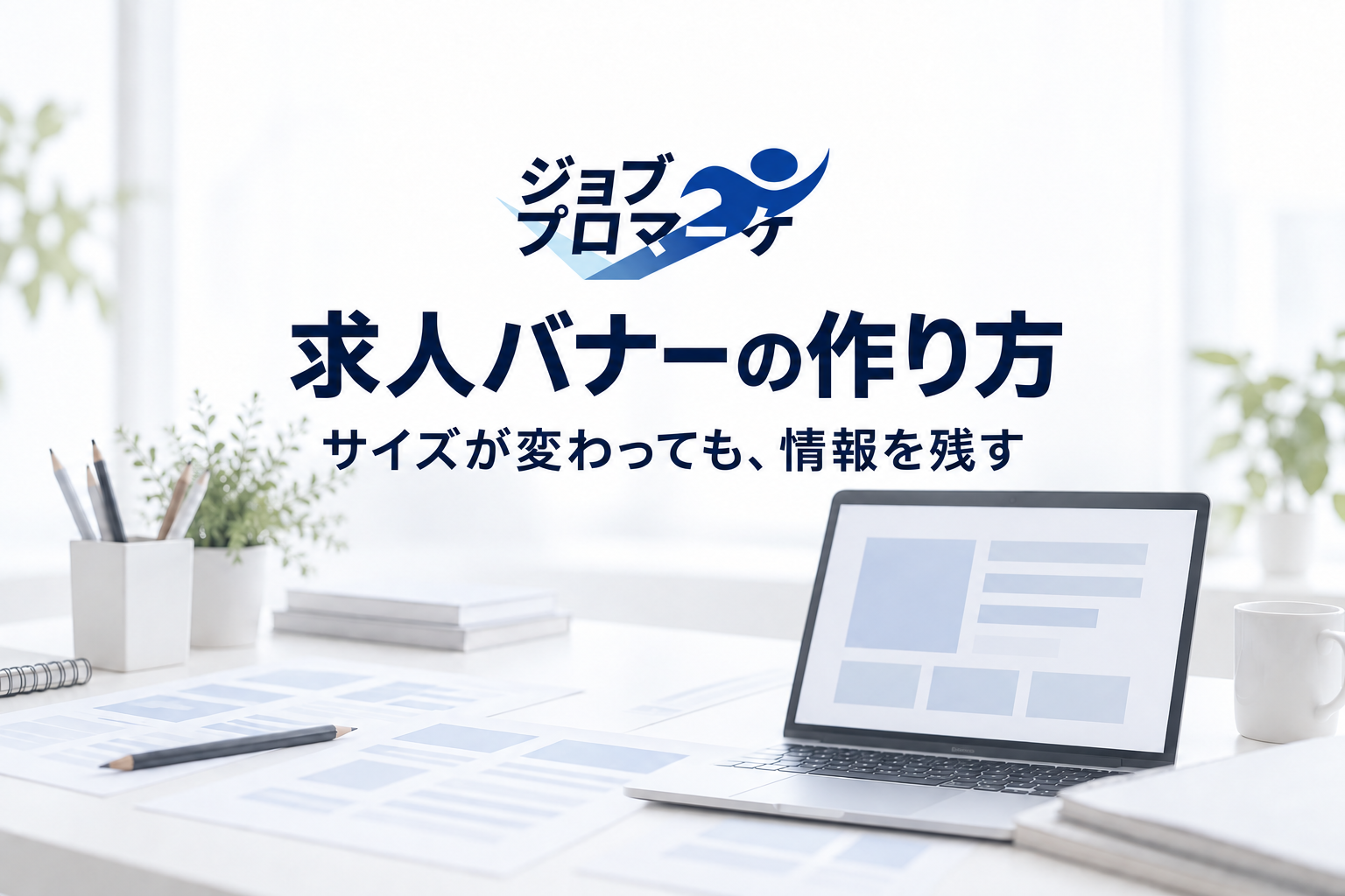 架空の制作机と正方形・横長の配置図を背景に、求人バナーの作り方と示したイメージ