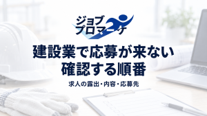 建設業で応募が来ないときの確認する順番という文字と、白いヘルメット・手袋・確認用紙の架空イメージ
