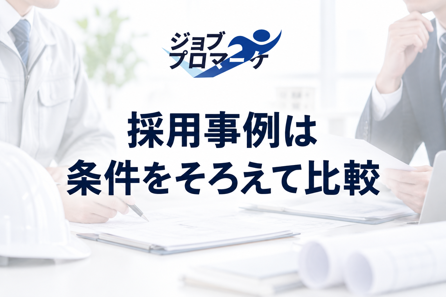 採用事例は条件をそろえて比較という文字と、書類を比較する建設会社の採用担当者を描いた架空イメージ