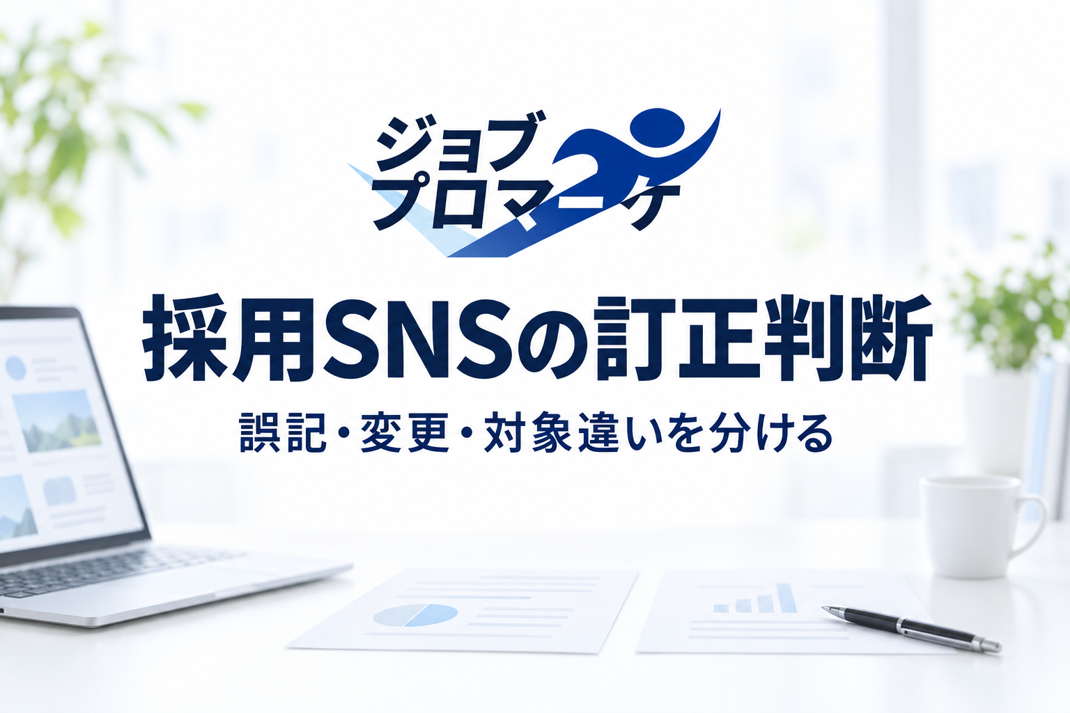 採用SNSの訂正判断、誤記・変更・対象違いを分けるという文字と、架空のデスク・パソコン・資料のイメージ