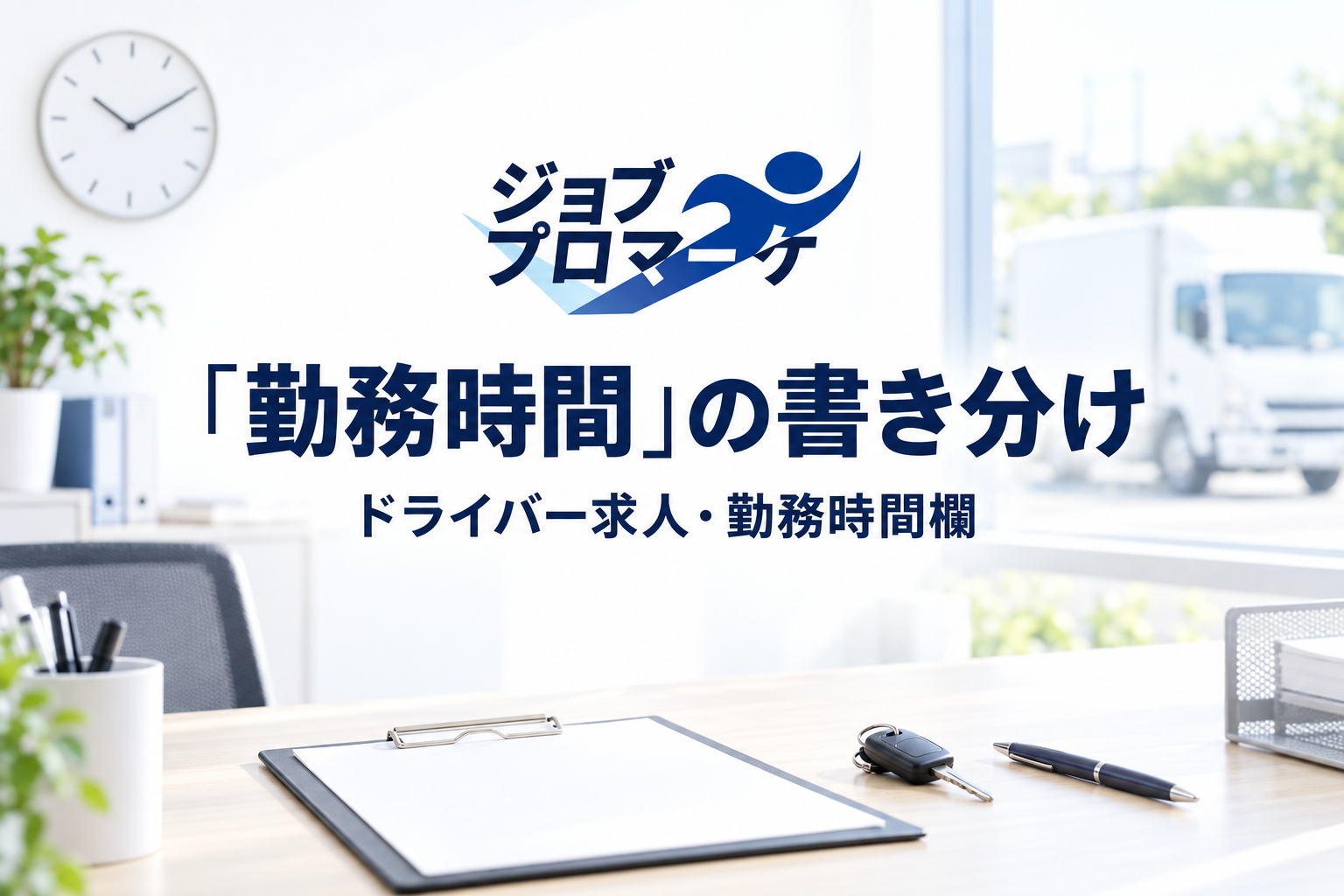 配車事務所の机に置かれた白紙のクリップボードと車のキー、窓の外にぼかしたトラック。ドライバー求人の勤務時間欄の書き分けを考える架空のイメージ。