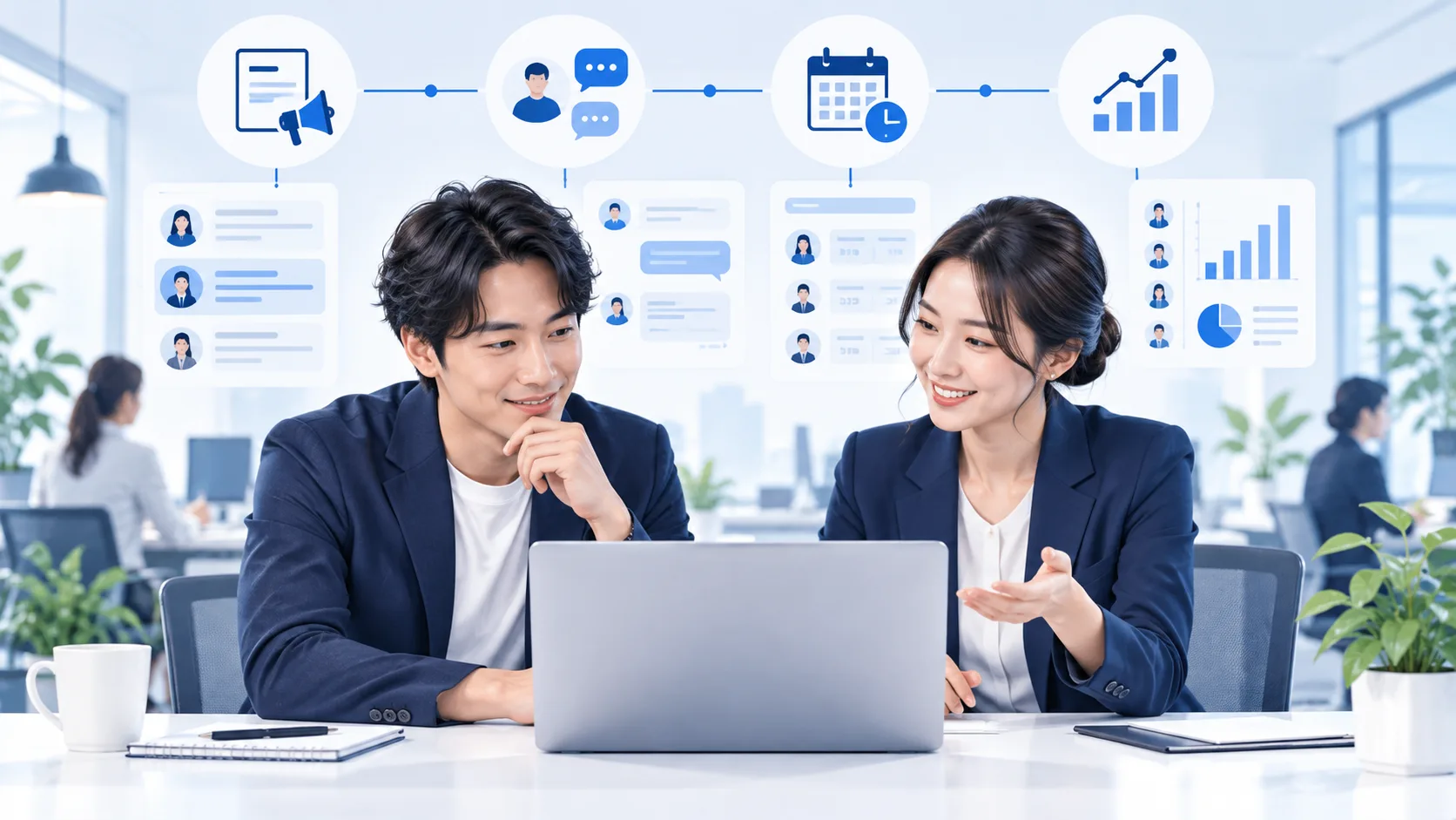 採用担当者と外部チームが採用業務を設計しているイメージ